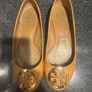Tory Burch Gold Logo Tan Flats